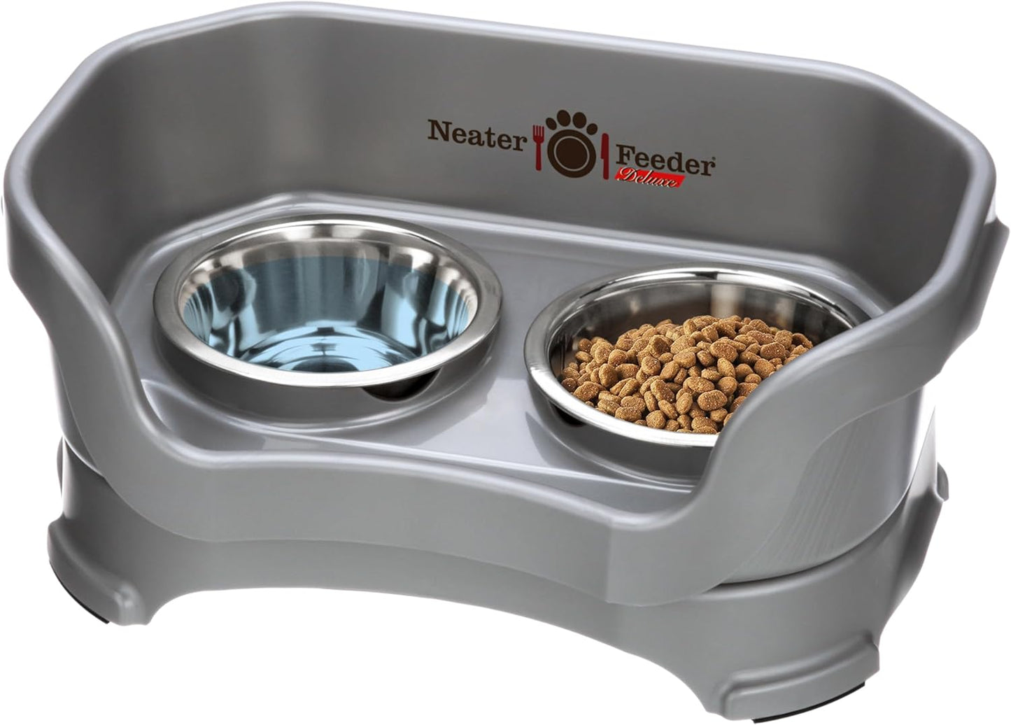 Neater Feeder - Deluxe Model - Mess-Proof Dog Bowls (Small, Gunmetal) - Made in USA - Elevated, No Spill, Non-Tip, Non-Slip, Raised Stainless Steel Food & Water Pet Bowls