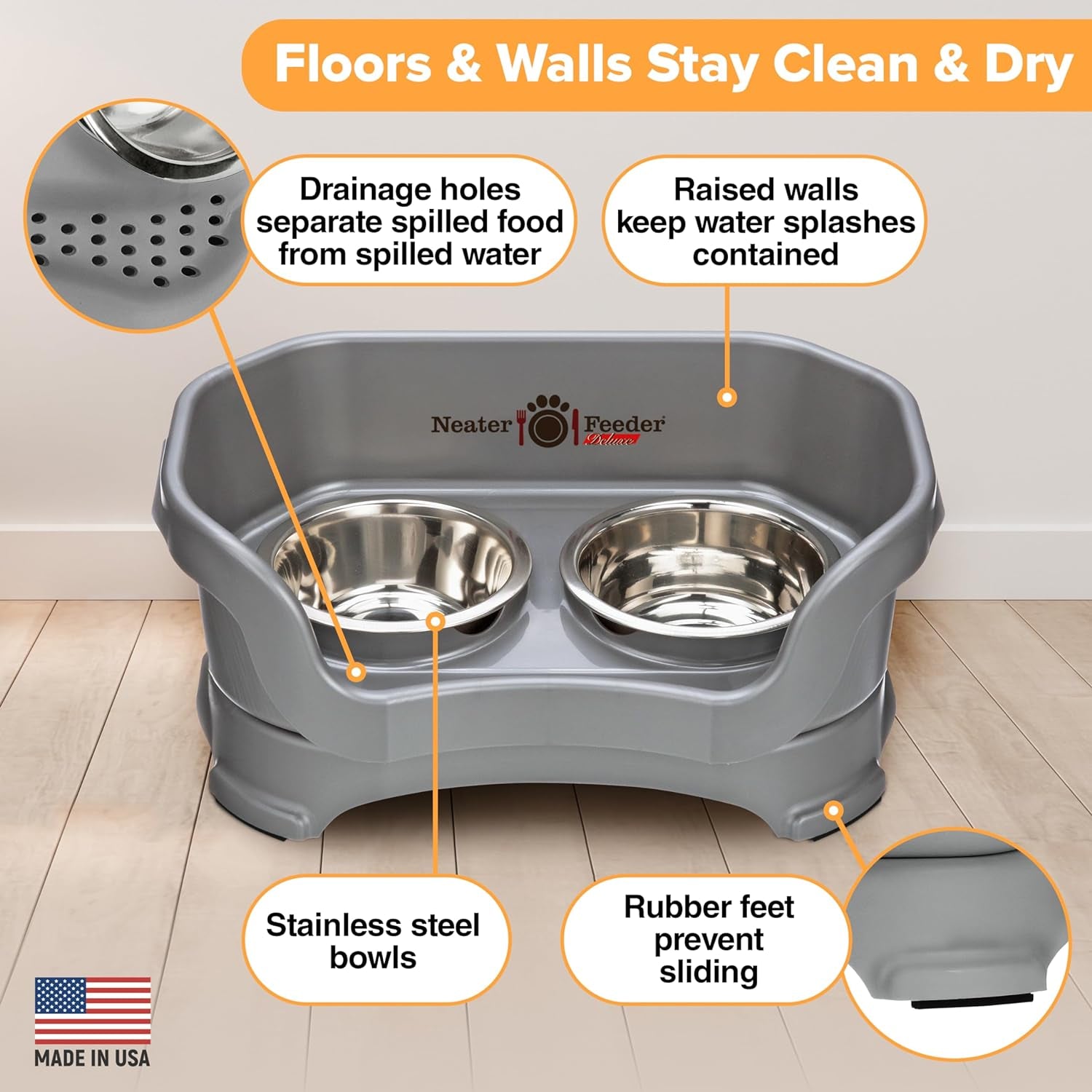 Neater Feeder - Deluxe Model - Mess-Proof Dog Bowls (Small, Gunmetal) - Made in USA - Elevated, No Spill, Non-Tip, Non-Slip, Raised Stainless Steel Food & Water Pet Bowls