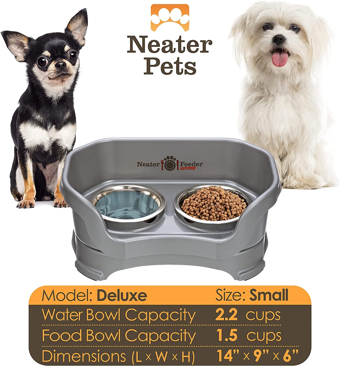 Neater Feeder - Deluxe Model - Mess-Proof Dog Bowls (Small, Gunmetal) - Made in USA - Elevated, No Spill, Non-Tip, Non-Slip, Raised Stainless Steel Food & Water Pet Bowls