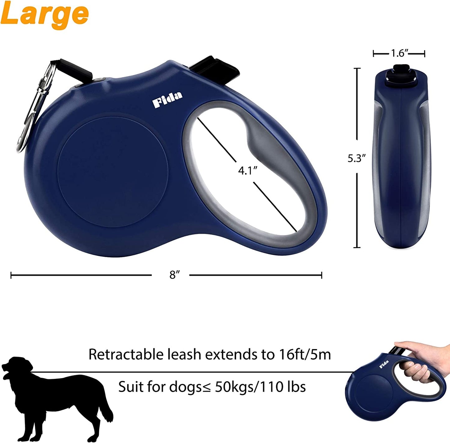 Retractable Dog Leash with Dispenser and Poop Bags, 16 Ft Pet Walking Leash for Large Dog up to 110 Lbs, Anti-Slip Handle, Tangle-Free, Reflective Nylon Tape (L, Navy Blue)