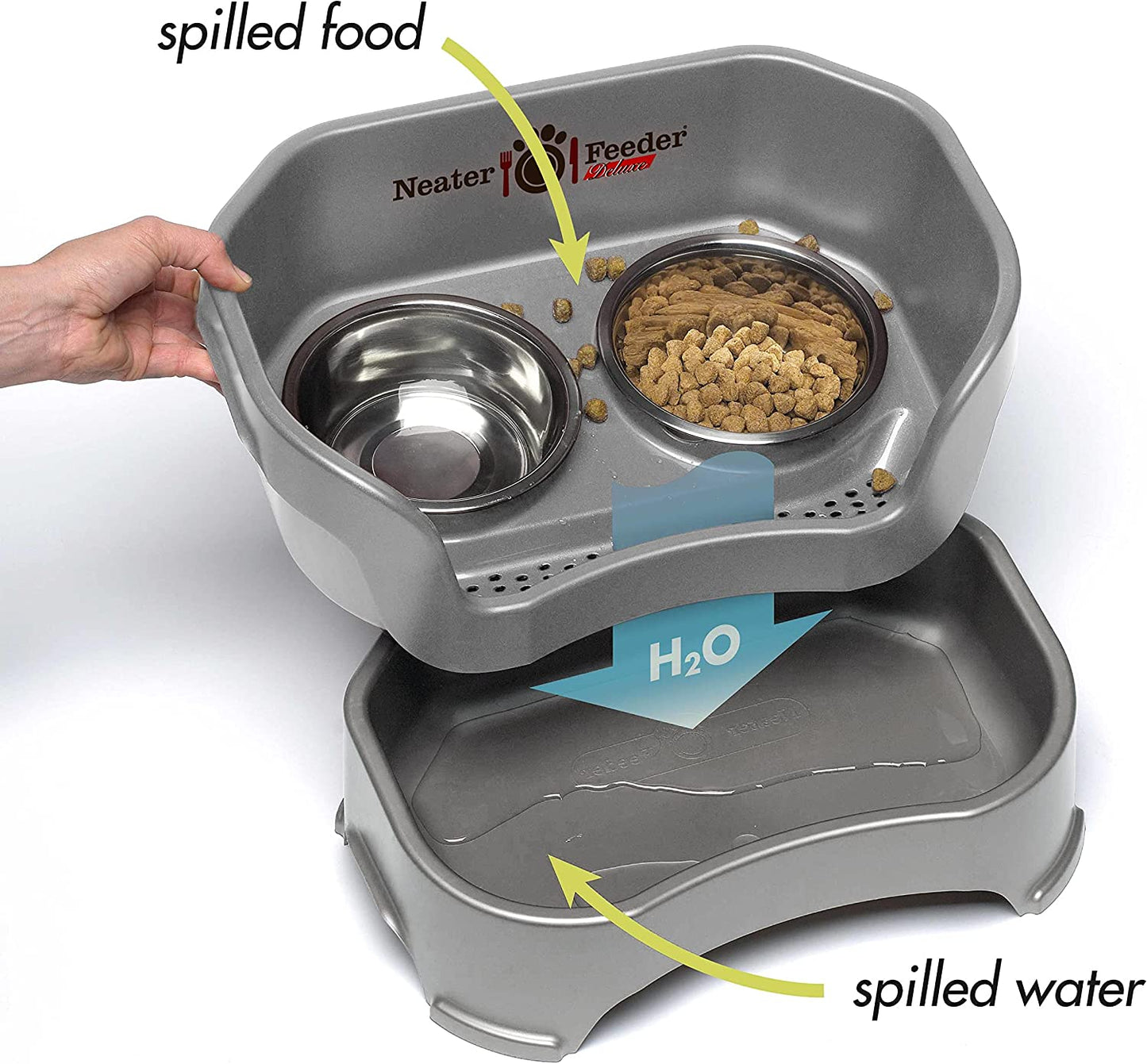 Neater Feeder - Deluxe Model - Mess-Proof Dog Bowls (Small, Gunmetal) - Made in USA - Elevated, No Spill, Non-Tip, Non-Slip, Raised Stainless Steel Food & Water Pet Bowls