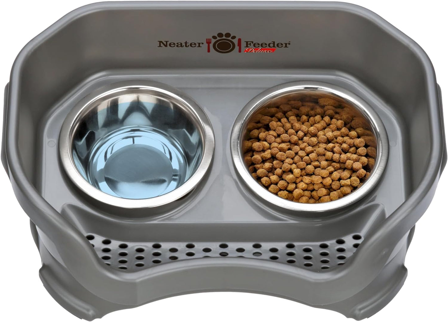 Neater Feeder - Deluxe Model - Mess-Proof Dog Bowls (Small, Gunmetal) - Made in USA - Elevated, No Spill, Non-Tip, Non-Slip, Raised Stainless Steel Food & Water Pet Bowls