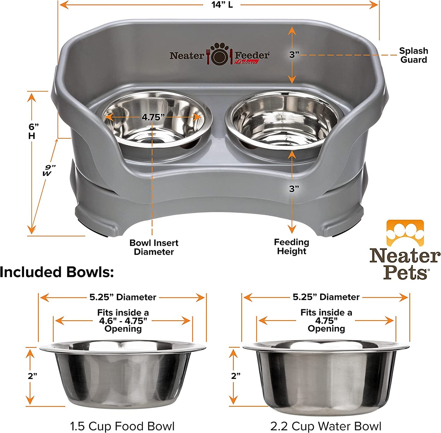 Neater Feeder - Deluxe Model - Mess-Proof Dog Bowls (Small, Gunmetal) - Made in USA - Elevated, No Spill, Non-Tip, Non-Slip, Raised Stainless Steel Food & Water Pet Bowls